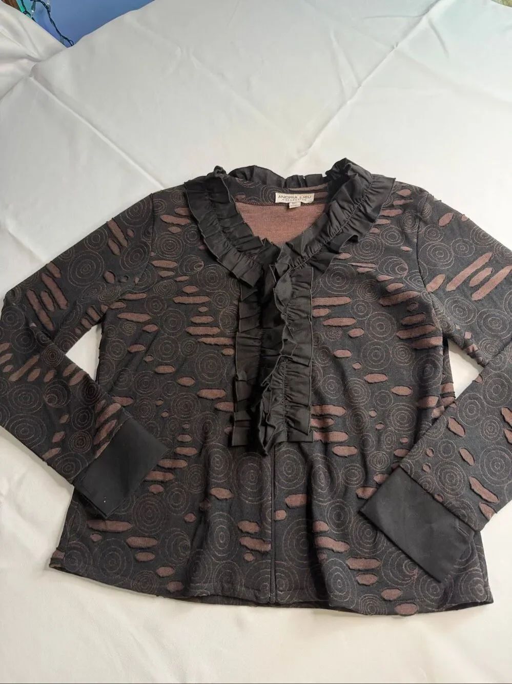 AndriaโLieu Collection Womenโs L Brown Black Ruffle Zip Jacket Cardigan Top